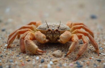 Close-up photo of sand bubbler crab on sandy beach. Crustacean animal, details of claws. Small crab in natural habitat near ocean. Summer vacation, tropical wildlife.