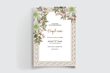 WEDDING INVITATION FRAME WITH FLOWER DECORATIONS AND FRESH LEAVES