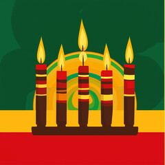"Colorful Illustration of a Kinara with Lit Candles Symbolizing Kwanzaa Celebration, Featuring Red, Green, and Gold African Heritage Colors and Cultural Unity"

