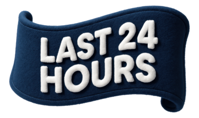Blue felt ribbon banner with LAST 24 HOURS message in plush lettering, unique promo offer on transparent background.