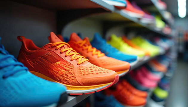 Various colorful running shoes collection displayed on store shelf. Selection includes different styles, colors. Wide range of sports footwear for athletic activities. Shop displays sneakers, - Powered by Adobe
