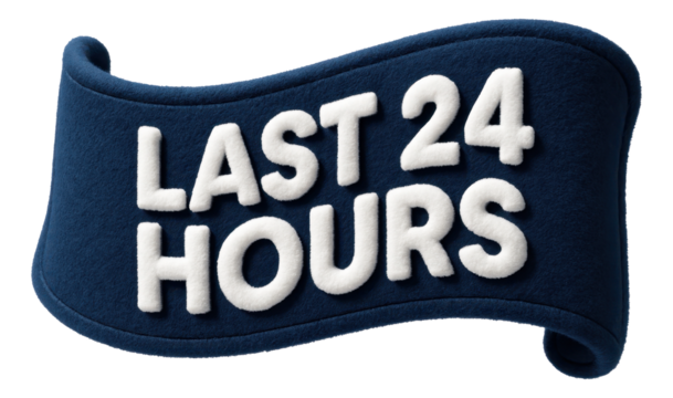 Blue felt ribbon banner with LAST 24 HOURS message in plush lettering, unique promo offer on transparent background.
