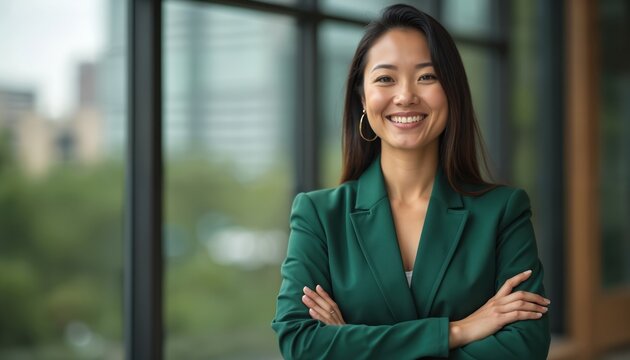 Confident businesswoman in green suit smiles. Asian female executive in office. Successful career, leadership. Attractive woman poses, crossed arms. Modern portraiture, urban background.