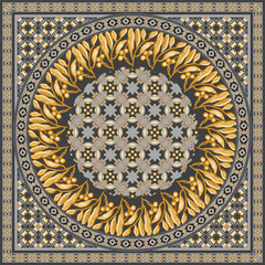 Scarf vector pattern from golden laurel wreath and olive branches on a gray and gold mosaic backdrop