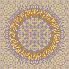 Scarf vector pattern from golden laurel wreath and olive branches on a light purple mosaic backdrop