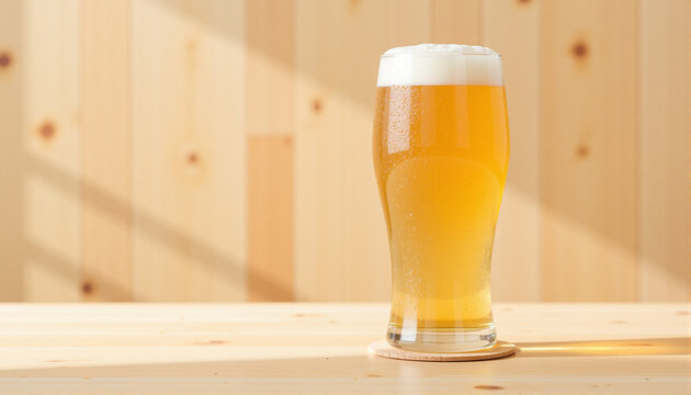 Golden ale in glass goblet on wooden table with warm lighting  