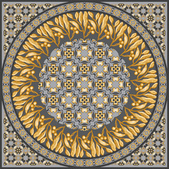 Scarf vector pattern from golden laurel wreath and olive branches on a gray and gold mosaic backdrop
