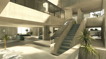 Modern concrete interior, spacious and minimalist