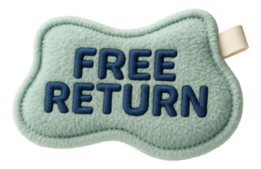 Soft fabric label with FREE RETURN text in plush style, cozy promotional retail offer on transparent background.
