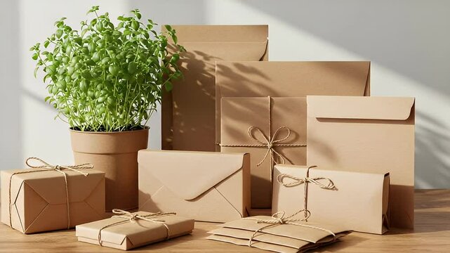 Arrangement Of Brown Kraft Paper Wrapped Gifts Envelopes and Potted Plant on a Wooden Table