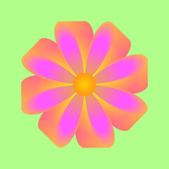 Modern Art Flower with Bold Colors and Symmetry. Abstract digital flower with glowing orange, pink, and yellow petals on a light green background