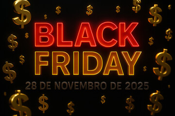 Design vibrante de Black Friday com texto em neon e símbolos de cifrão dourados flutuantes, destacando a data 28 de novembro de 2025.
