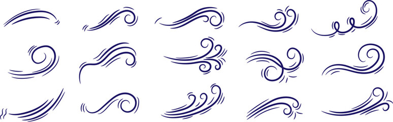 Set of decorative abstract wave and swirl elements in hand-drawn style, perfect for use in tattoo design, graphic decoration, motion icons, and artistic embellishment