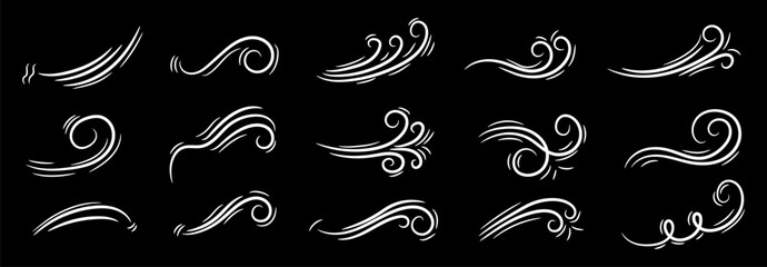 Set of decorative abstract wave and swirl elements in hand-drawn style, perfect for use in tattoo design, graphic decoration, motion icons, and artistic embellishment