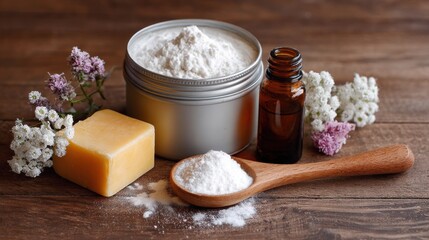 Ultra quality image of dIY natural deodorant stick ingredients arrowroot powder baking soda beeswax shea butter essential oil. Concept To make a natural deodorant stick, you will.