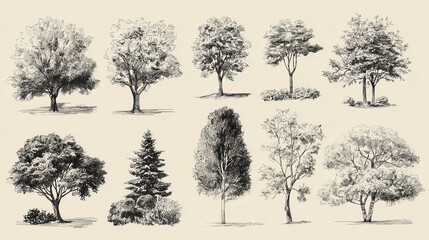 Ultra quality image of drawing trees using linear illustrations. Handcrafted sketches of various trees and bushes. Seasonal representations of flora for summer and spring, set on a.