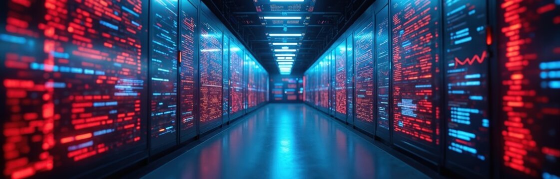 Modern data center with many digital screens displaying complex data. High-tech server room with glowing red, blue lights. Information technology and data processing concept. Innovation. - Powered by Adobe
