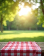 Red checkered picnic tablecloth on wooden table park blurred background. Gingham pattern summer day. Bright sunshine, nature scene, grass, trees ideal for relaxation. Perfect for family events,