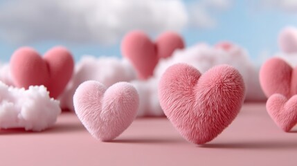 Obraz premium Group of fuzzy pink hearts are scattered across a pink background. The hearts are arranged in a way that creates a sense of unity and love. The fluffy texture of the hearts adds a soft