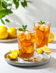 Iced lemon tea with mint and lemons on gray plate, soft daylight, fresh and clean summer vibe.