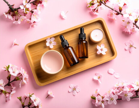 a Japanese-inspired skincare aromatherapy products with cherry blossom petals, flat lay
