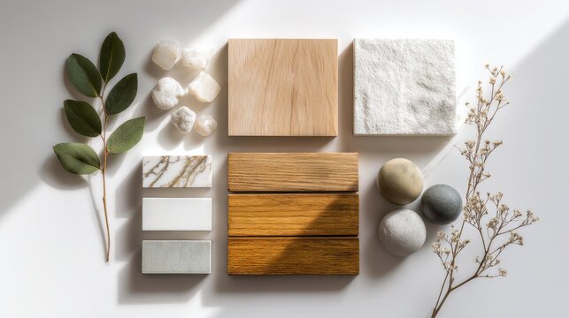Ultra quality image of emotion board, mood board, material palette of beige and white, marble and wood samples, tiles and natural elements on the table, top view, isolated on a white.