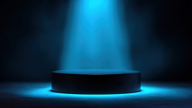 Ultra quality image of empty round, black and neon blue glowing podium background. winner celebration or presentation, award ceremony platform, bright spotlight product, pedestal.