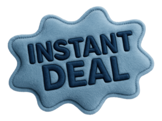 Blue star-shaped sticker with INSTANT DEAL in plush style, engaging retail sale promo on transparent background.