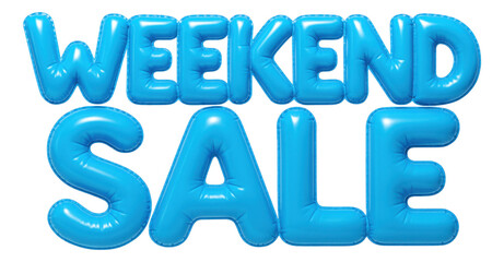 Glossy blue bubble letters with WEEKEND SALE in inflatable style, eye-catching retail promo offer on transparent background.