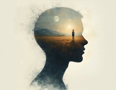 Illustration depicts therapy concept hypnosis, regression, introspection. Human silhouette filled serene landscape, full moon, lone figure, evoking mind healing, consciousness. AI generated art.