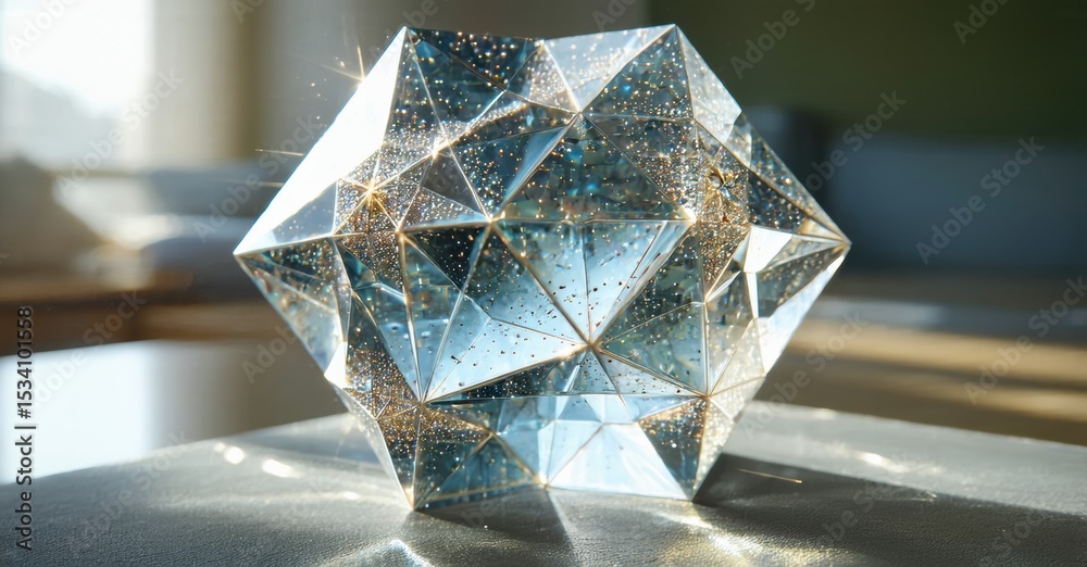 Poster complex geometric sculpture. crystal facets reflect light, creating sparkle. golden dust within adds