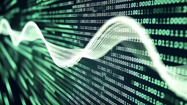 Abstract Digital Data Visualization with Green Binary Code and Flowing Light Waves