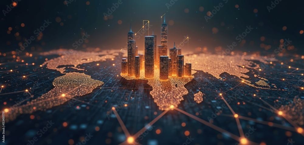 Poster global business, economic growth concept. skyscrapers on world map connected by tech network. data a