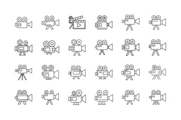 Collection of Movie Camera Icons in Outline Style Representing Film Cinema and Video Production Featuring Various Camera Designs and a Clapperboard all in Black and