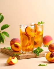Peach iced tea with mint in tall glass, fresh peaches, warm tones, soft light, summer refreshment.