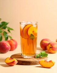 Peach iced tea with mint in tall glass, fresh peaches, warm tones, soft light, summer refreshment.