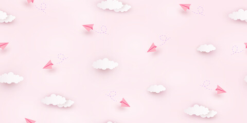 Children sky cloudy background. 3d flying pink paper airplanes, origami toys seamless pattern. Vector cartoon kids planes in air