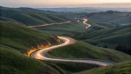 Serpentine Road Winding Through Rolling Hills at Sunset