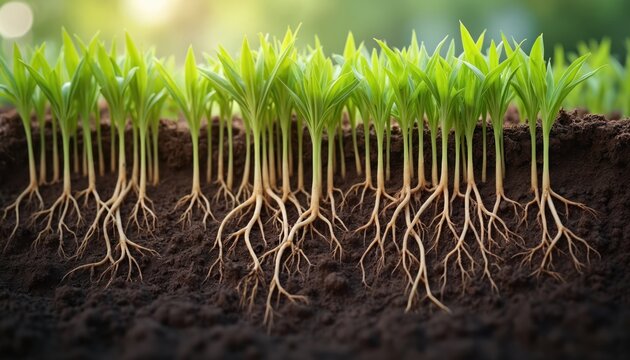Young plants with exposed roots in soil. Underground root system, healthy green growth. Seedlings, ecology illustration, life cycle. Agriculture, botany, biology, ecosystem concepts.