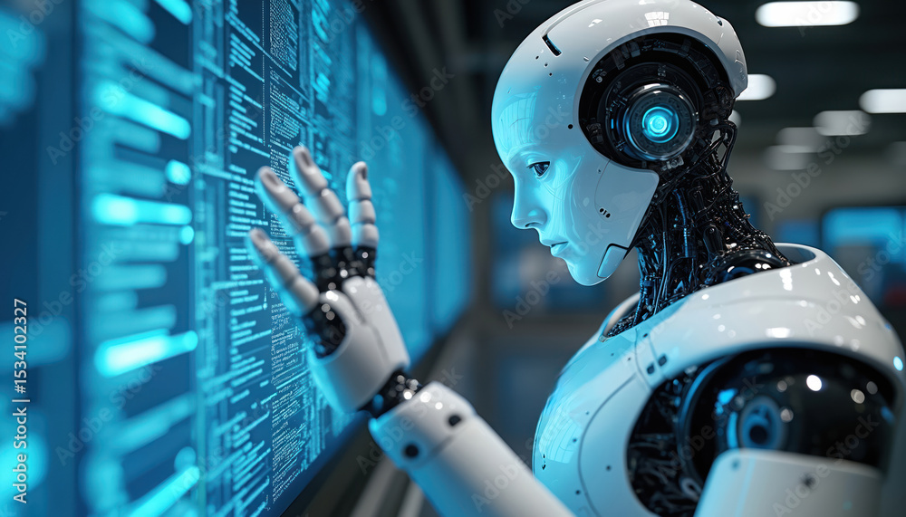 Poster Futuristic AI robot interacts data on digital screen. Artificial intelligence machine learning technology analysis. Adaptive learning algorithm, neural network. High tech, cybernetic, future