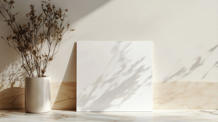 This minimal aesthetic template background features a blank paper sheet card with mockup copy space, paired with dry flowers and marble stone in front of a neutral beige wall.

