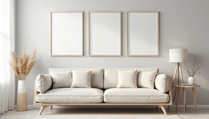 Modern living room interior design. Mockup three square posters frames above cozy sofa. Beige pillows, wooden side table with decor, floor lamp, vase with decorative plants. Scandinavian minimalist