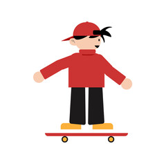 A colorful flat design illustration of a skater boy in a red outfit and cap, riding a skateboard. Geometric and minimal style character in a playful and youthful pose.