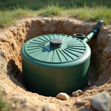 Green septic tank installed in ground. Underground sewage system in backyard. Plumbing, sanitation home service. Waste treatment, purification. Septic system maintenance, cleaning, eco-friendly.