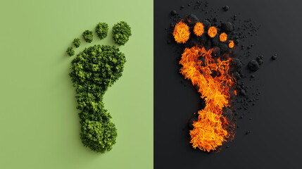 Visual Contrast of Green and Burning Carbon Footprints Depicting Environmental Impact, Climate Change, and the Consequences of Global Warming on Ecosystems and Sustainable Choices