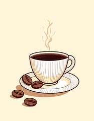 Obraz premium Warm Coffee Cup with Steam and Beans on Vintage Saucer