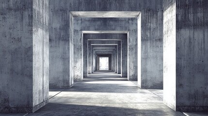 A long, perspective view of a stark, grey concrete corridor with repetitive square structures.  Light brightens the far end