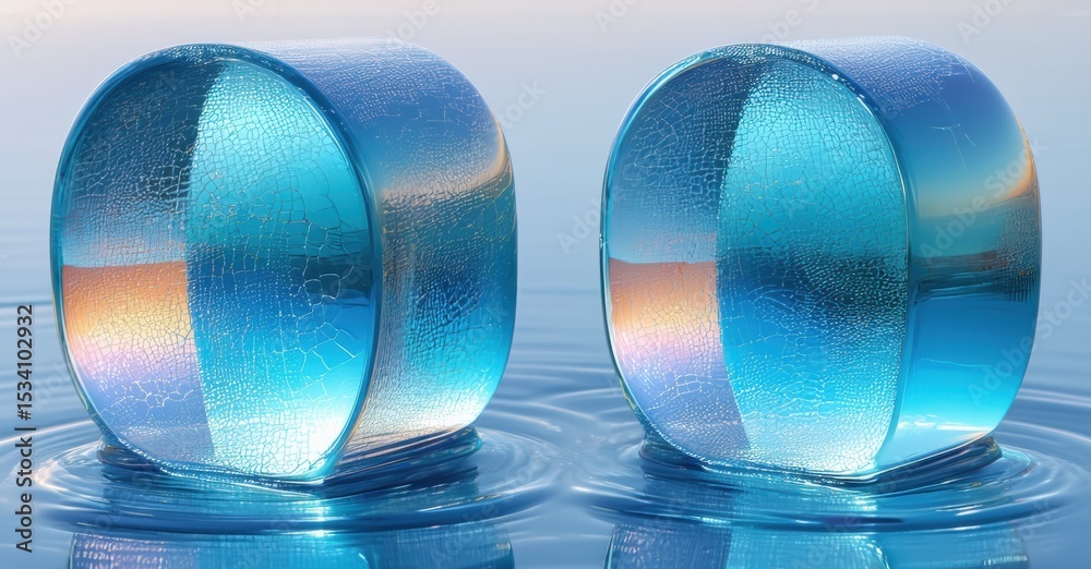 Aufkleber two ice cylinders float, reflecting light. water ripples surround them. cool tones dominate composit