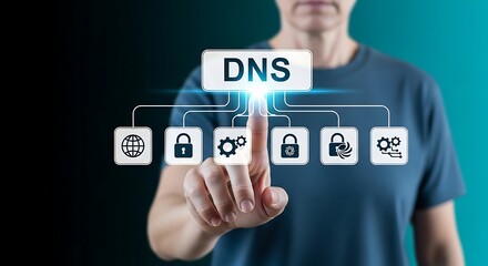 DNS domain name system and web server network system concept. A person Pointing out DNS diagram with icons of globe ,gear and lock ,website name,Hosting on website creation,Domain Registration .