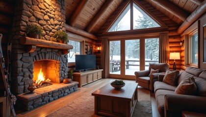 Cozy cabin living room fireplace with warm lights, skis. Interior design wooden log house with snow outside, creating comfortable atmosphere. Winter holiday vacation vibes.